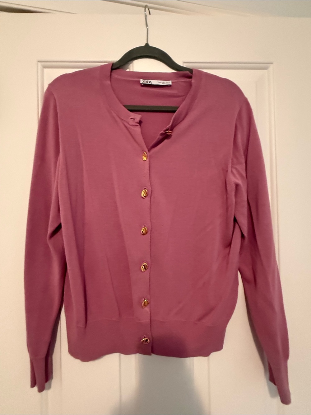 Zara Dusty Rose Button-Front Crewneck Cardigan